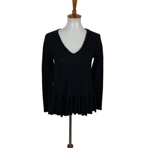 Anthropologie Tops - Eri + Ali Black Waffle Knit V Neck Peplum Sweater Small Soft Cozy Pullover Top